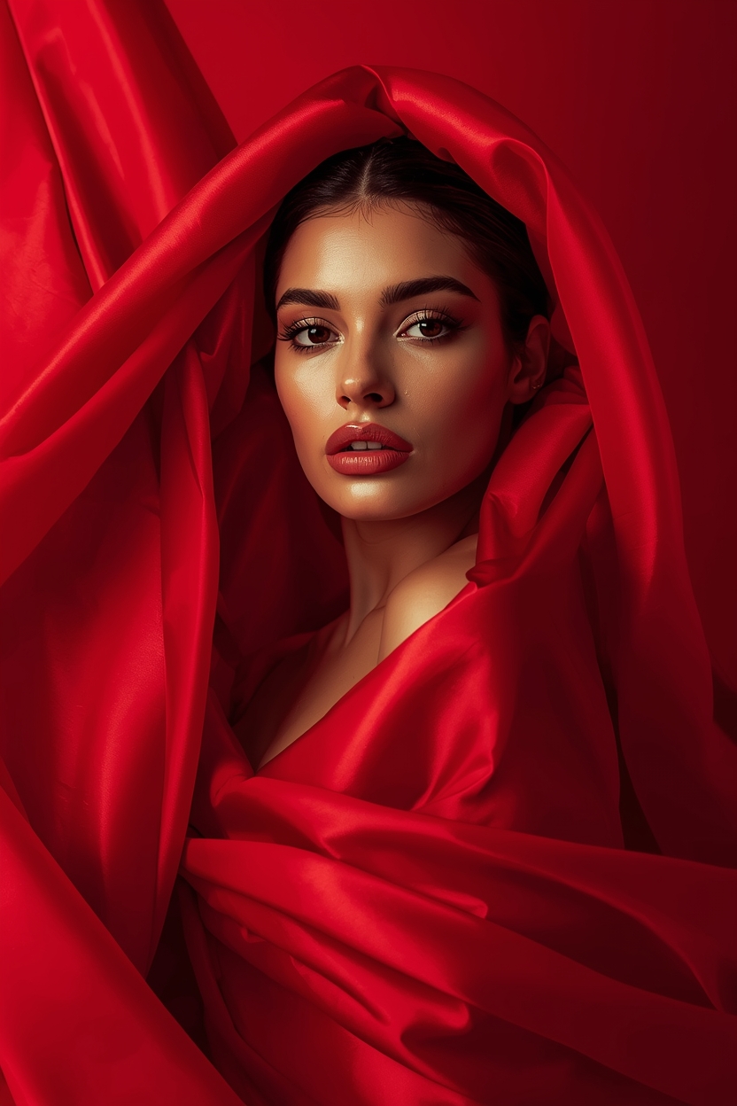 lucid-origin_a_cinematic_photo_of_A_beautiful_woman_wrapped_in_flowing_red_silk_fabric_that_m-0