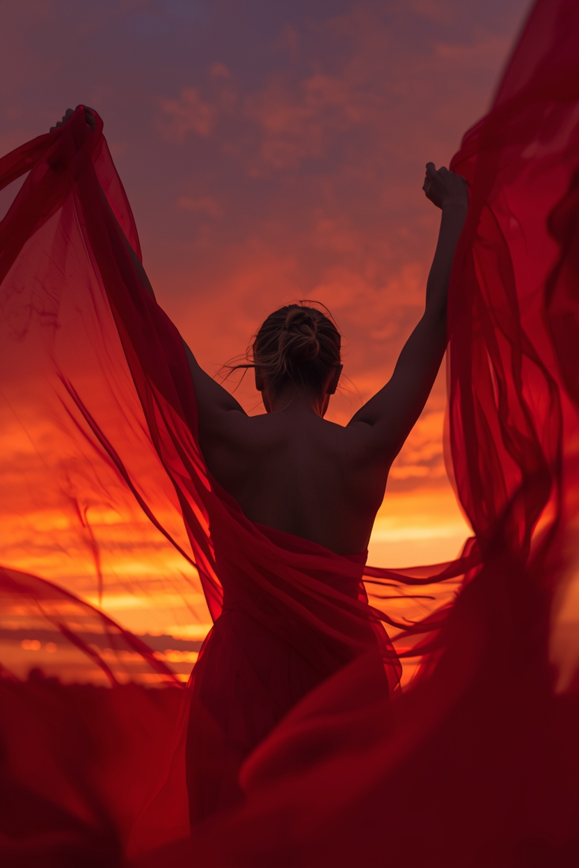 lucid-origin_a_cinematic_photo_of_A_woman_in_a_flowing_red_chiffon_dress_dancing_at_sunset_ba-0